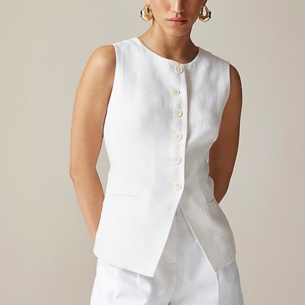 J.Crew Cutaway Vest Linen Button Front Top White Size 14 NWT